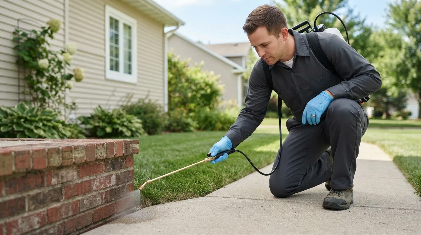 Pest control technician treating a home near Alvord, IA