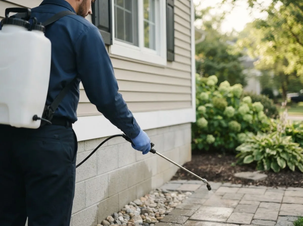 Pest control technician inspecting a home in Alvord, IA